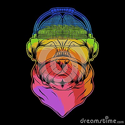 Pug dog headphone colorful vector illustration Vector Illustration