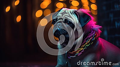 Pug dog looking seriously cool sporting a colorful rainbow cyber goth hairstyle wig - Ai generated Stock Photo