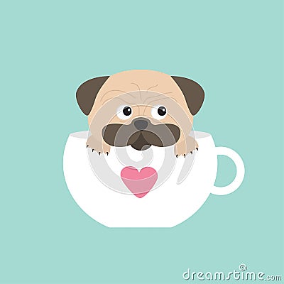 Pug dog mops paw sitting in big cup with heart. Cute cartoon character. Flat design. Blue background. Vector Illustration