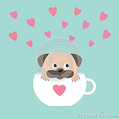 Pug dog mops paw sitting in white cup with heart. Cute cartoon character. Flat design. Blue background. Vector Illustration