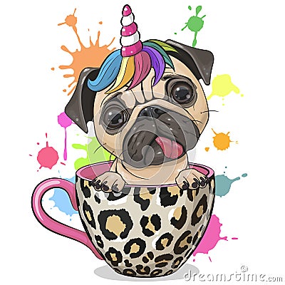 Pug dog with Unicorn horn is sitting in a Cup Vector Illustration