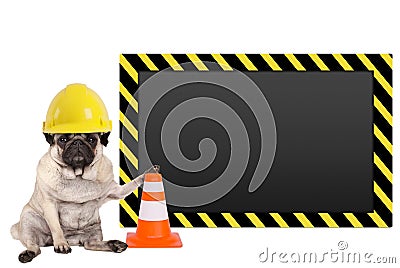 Pug dog with yellow construction worker safety helmet and blank warning sign Stock Photo
