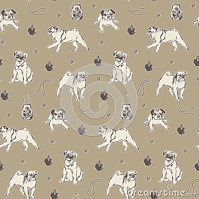 Pug dogs and vintage fashion accessories. Hand drawn vector sketch seamless pattern Vector Illustration