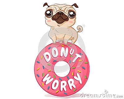 Pug and donut in kawaii style Vector Illustration