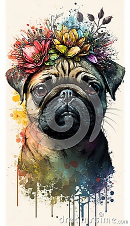 a pug with a flower crown on its head and a paint splattered background is in the foreground of the image, and the pug is looking Stock Photo
