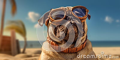 Pug-tastic Fun Smiling Pug Dog in Sunglasses Posing with a Playful Expression on the Sandy Beach. Generative AI Stock Photo