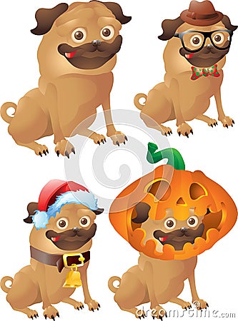 Pugs hipster, christmas, halloween Vector Illustration