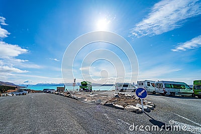 Pukaki, New Zealand, October 3, 2019: Beautiful view of Peter`s Lookout located on the road around Pukaki Lake on a sunny day Editorial Stock Photo
