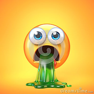 Puking emoji isolated on yellow background, disgusted or sick emoticon, vomiting emoji 3d rendering Cartoon Illustration