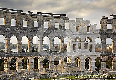 Pula Arena - Roman amphitheatre and Church of St. Antun. Croatia Stock Photo