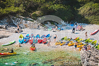 Pula, Croatia - May 31, 2019: summer sea beach with kayaks Editorial Stock Photo