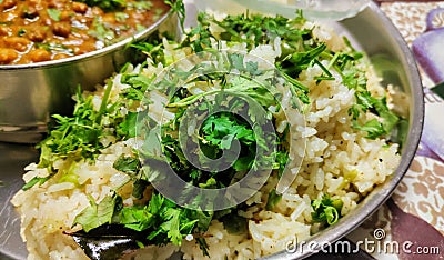 Pulav rice garnished with coriander leaves Stock Photo