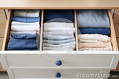 pull-out chest shelf,things are arranged in organized manner,concept reducing excessive consumption Stock Photo
