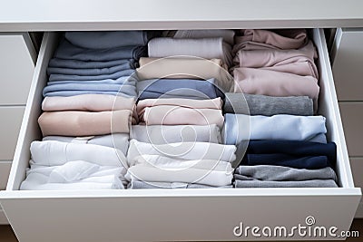 pull-out shelf in the chest,things are arranged in organized,neat way to avoid unnecessary purchases Stock Photo