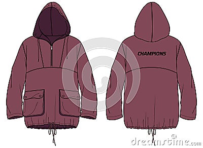 Pull over windbreaker Hoodie jacket design flat sketch Illustration, Hooded utility jacket with front and back view, winter jacket Vector Illustration