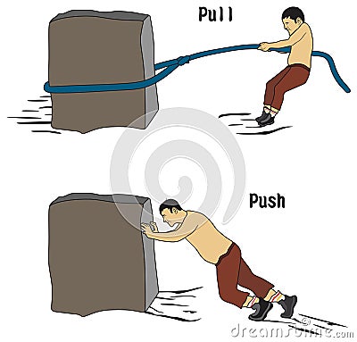 Pull push concept example of man pulling rock by rope pushing icon symbol sign Vector Illustration