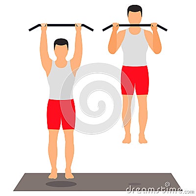 Pull-up on the crossbar. Male athlete performs the exercise. Sports, fitness. Vector. Stock Photo