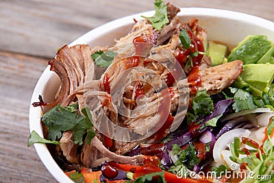 Pulled pork loaded ramen bowl dish Stock Photo