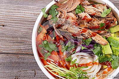 Pulled pork loaded ramen bowl dish Stock Photo