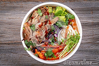 Pulled pork loaded ramen bowl dish Stock Photo