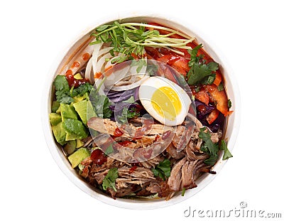 Pulled pork loaded ramen bowl dish Stock Photo