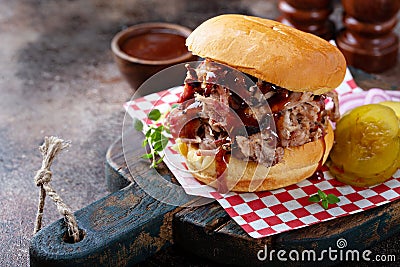 Pulled pork sandwich with pickles Stock Photo