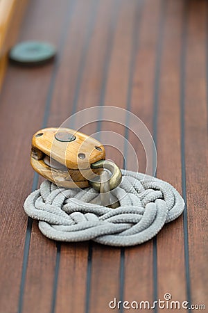 Pulley and rope on old sailing ship Stock Photo