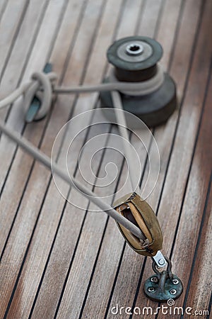 Pulley and rope on old sailing ship Stock Photo