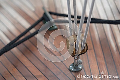 Pulley and rope on old sailing ship Stock Photo