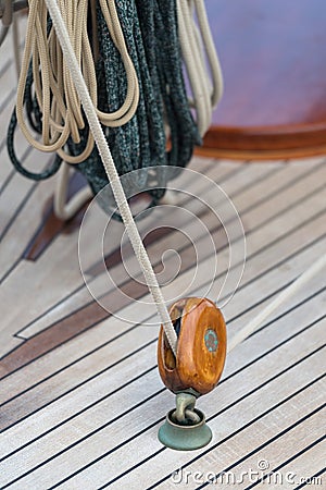 Pulley and rope on old sailing ship Stock Photo