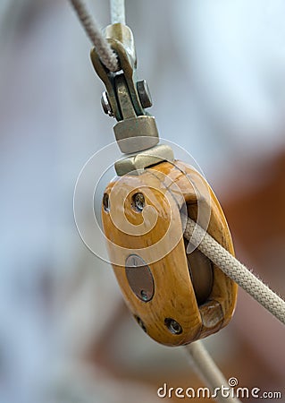 Pulley and rope on old sailing ship Stock Photo