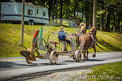 Pulling Plow on Road with Horses Editorial Stock Photo