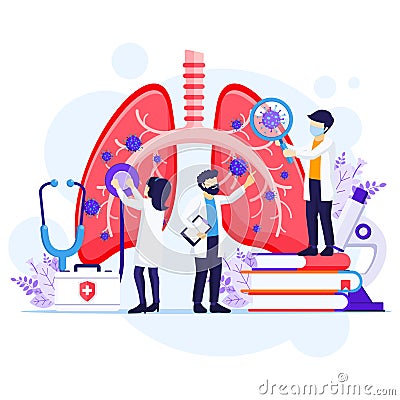 Pulmonology concept doctors check human lungs for infections or problems by Covid-19 Corona virus illustration Vector Illustration