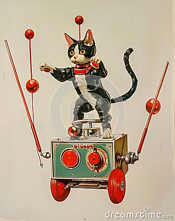 Pulp cover, a cat driving a robot, white background, two red sticks Stock Photo