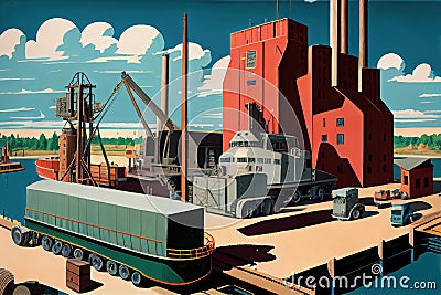 pulp and paper mill, with workers loading trucks and barges with raw materials Stock Photo