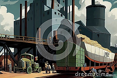 pulp and paper mill, with workers loading trucks and barges with raw materials Stock Photo