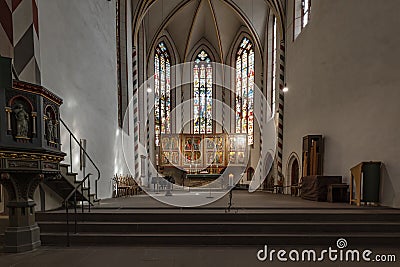 pulpit, choir and double-winged altar of the Jacobi Church in Goettingen Editorial Stock Photo