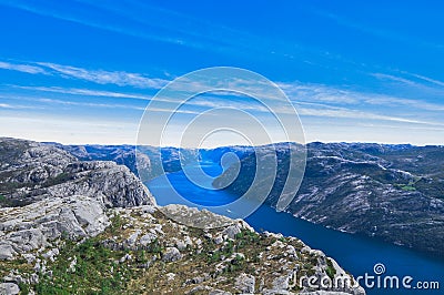 Pulpit Rock Preikestolen blue sky , Norway Stock Photo