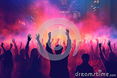 Pulsating nightclub, where hands are raised high, colorful lights create a mesmerizing spectacle. Ai generated Stock Photo