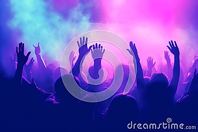 Pulsating nightclub, where hands are raised high, colorful lights create a mesmerizing spectacle. Ai generated Stock Photo