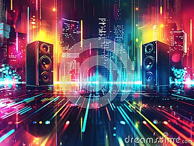 Pulsating Soundscape Vivid Digital Visualization of Rhythmic Energy in a Neon Lit Metropolis generative ai Stock Photo