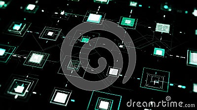 Pulsating squares on black background. Animation. Electronic squares pulsate with connected lines on black background Stock Photo