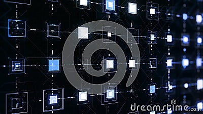 Pulsating squares on black background. Animation. Electronic squares pulsate with connected lines on black background Stock Photo