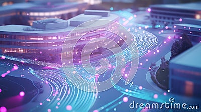 Pulsating waves of color radiate from a central hospital hologram extending into intersecting lines that lead to various Stock Photo