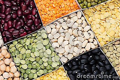 Pulses food background, assortment - legume, kidney beans, peas, lentils in square cells closeup top view. Stock Photo