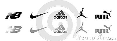 Puma, NIKE, Adidas, Jordan, New Balance logo. Top most popular sportwear brands. Logos of sports equipment and sportswear company Vector Illustration