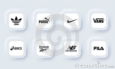 Puma, Vans, NIKE, Adidas, New Balance, Reebok, Fila. Top most popular sportwear brands. Logo, icon. Logos of sports equipment and Vector Illustration