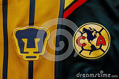 Pumas UNAM vs Club America Football Soccer close up to their logo on a jersey Editorial Stock Photo