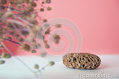 Pumice stone close up and copy space. Pumice stone 3d on a pink background and dry plants. Beauty concept. Background for cosmetic Stock Photo