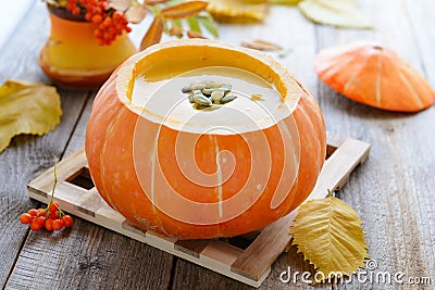 Pumkin cream soup with seeds Stock Photo